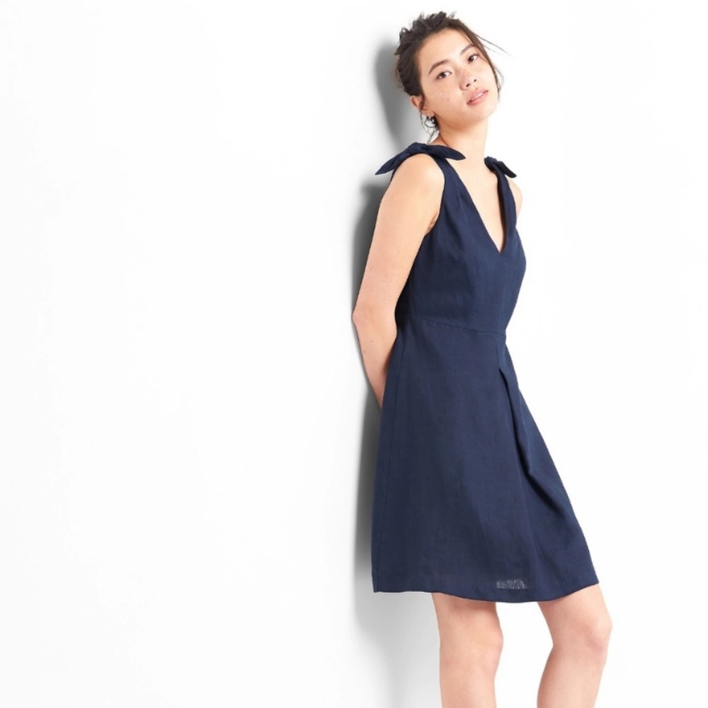 Gap 100% Linen Blue Tie Shoulder Tall Dress✨